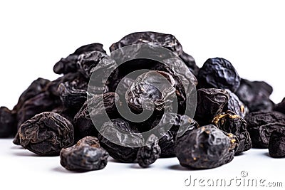 Freeze Dried Prunes On White Background. Generative AI Stock Photo