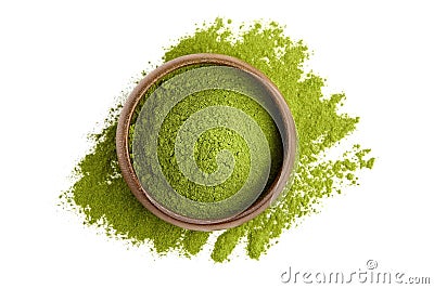 Freeze dried young organic wheatgrass powder in wooden bowl isolated on white Stock Photo