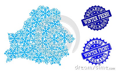 Freeze Map of Belarus and Winter Fresh and Frost Grunge Stamps Vector Illustration