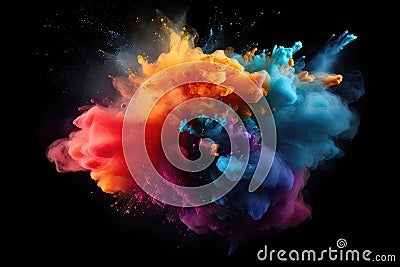 Freeze Motion Capture Of Colorful Powder Explosions Isolated On Black Background Stock Photo