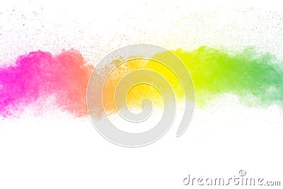 Freeze motion of color particles on white background. Multicolored granule of powder explosion Stock Photo