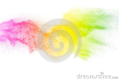 Freeze motion of color particles on white background. Multicolored granule of powder explosion Stock Photo