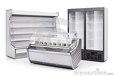 Freezer showcase, refrigerated cabinet and fridge. 3d render Stock Photo
