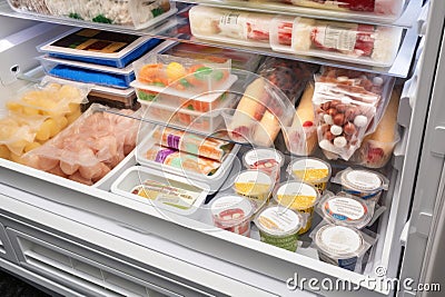 freezer with variety of frozen foods and snacks, including individually wrapped ice pops Stock Photo