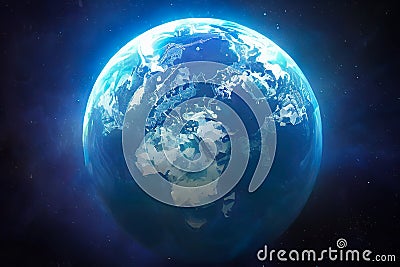 Freezing blue planet earth a few thousand years later. Ice Age. Illustration Stock Photo