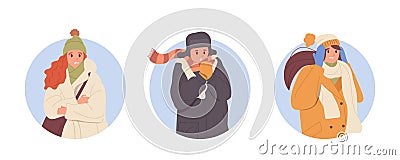 Freezing diverse people characters trying to keep warm feeling unwell on winter street round icon Vector Illustration