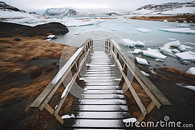 freezing fiord with boardwalk and wooden steps leading down to glacial lagoon Stock Photo