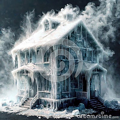 Freezing house, home building, cold frozen and covered with ice Stock Photo