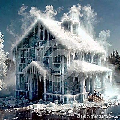 Freezing house, home building, cold frozen and covered with ice Stock Photo