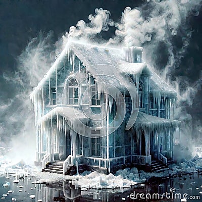 Freezing house, home building, cold frozen and covered with ice Stock Photo