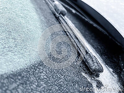 Freezing rain. Close-up details of a frozen parked car in the morning of a winter day. Stock Photo