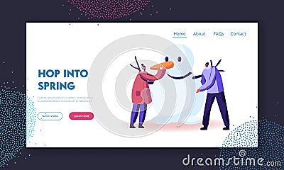 Freezing Spring or Winter Time Outdoor Activity Landing Page Template. Man and Woman Characters Wearing Warm Clothing Vector Illustration