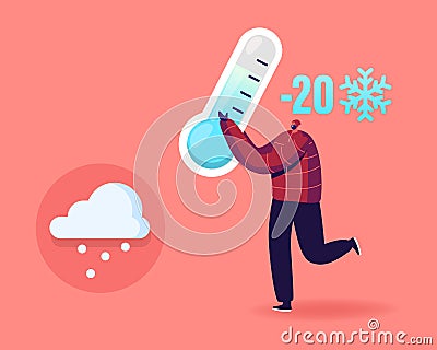 Freezing Springtime. Happy Cheerful Man Character Holding Huge Thermometer Show Minus Twenty Degrees Vector Illustration