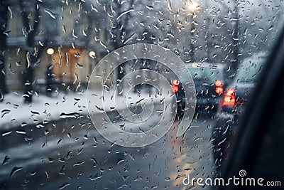 Freezing transformation car window captures mixed rain snow street scene Stock Photo