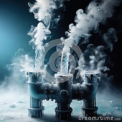 Freezing waterpipes, water pipes, cold frozen and covered with ice Stock Photo