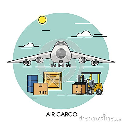 Freight airplane flat outline concept. Cargo plane global transport logistics. Transportation by air. Vector Illustration