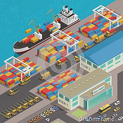Freight Barge Harbor Wharf Isometric Vector Illustration