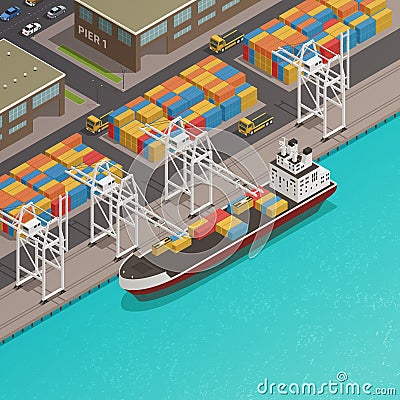 Freight Barges Harbor Wharf Isometric Vector Illustration