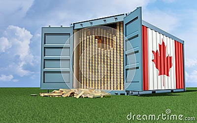 Freight Container with Canada flag filled with Gold bars. Some Gold bars scattered on the ground Stock Photo