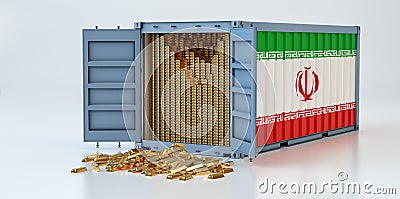 Freight Container with Iran flag filled with Gold bars. Some Gold bars scattered on the ground Stock Photo