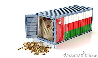 Freight Container with Oman flag filled with Gold bars. Some Gold bars scattered on the ground Stock Photo