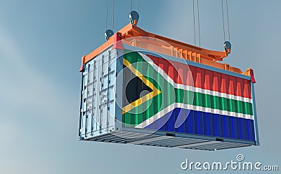 Freight container with South Africa national Flag design hanging on a spreader Stock Photo