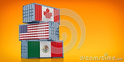 Freight containers with Canada, USA and Mexico national flags - NAFTA North American Free Trade Agreement Stock Photo