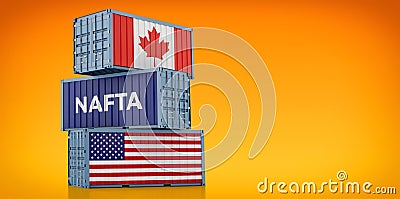 Freight containers with Canada and USA national flags and one with the word NAFTA North American Free Trade Agreement Stock Photo