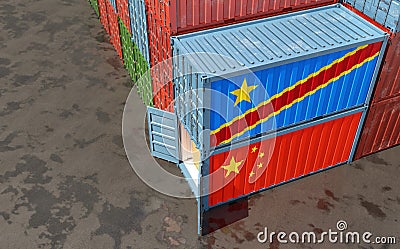 Freight containers with China and Democratic Republic of the Congo flags. Stock Photo