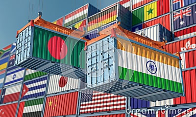 Freight containers with India and Bangladesh flag. Stock Photo