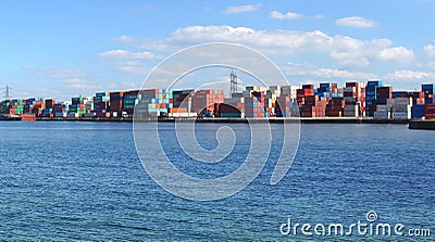 Freight containers in the Le Havre port. Editorial Stock Photo