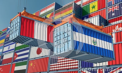 Freight containers with Peru and El Salvador flag. Stock Photo