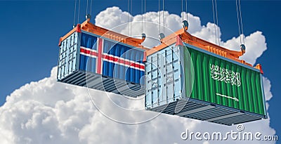 Freight containers with Saudi Arabia and Iceland national flags. Stock Photo