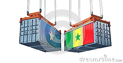 Freight containers with Somalia and Senegal national flags. Stock Photo