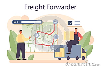 Freight forwarder concept. Loader in uniform delivering a cargo. Vector Illustration