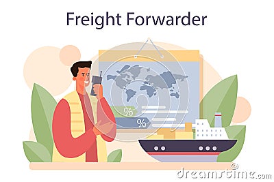 Freight forwarder concept. Loader in uniform delivering a cargo. Vector Illustration