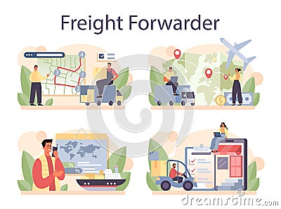 Freight forwarder concept set. Loader in uniform delivering a cargo. Vector Illustration