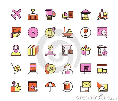 Freight and passenger transportation, logistics color icons vector illustration set Vector Illustration