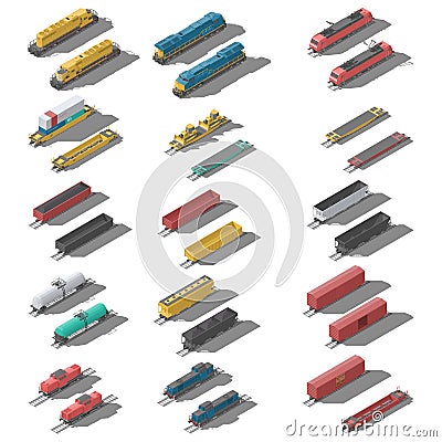 Freight railroad cars and locomotives isometric low poly icon set Vector Illustration