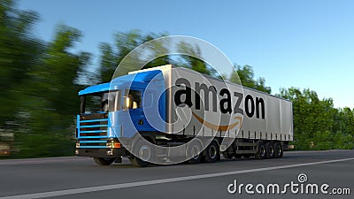 Freight semi truck with Amazon.com logo driving along forest road. Editorial 3D rendering Editorial Stock Photo