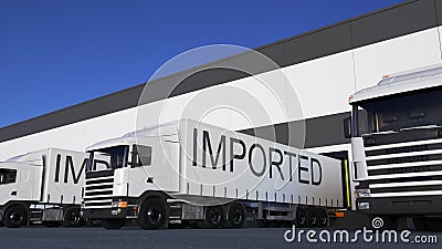 Freight semi truck with IMPORTED caption on the trailer loading or unloading. Road cargo transportation 3D rendering Stock Photo
