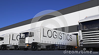 Freight semi truck with LOGISTICS caption on the trailer loading or unloading. Road cargo transportation 3D rendering Stock Photo