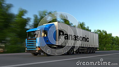 Freight semi truck with Panasonic Corporation logo driving along forest road. Editorial 3D rendering Editorial Stock Photo