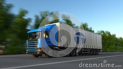 Freight semi truck with Tata Group logo driving along forest road. Editorial 3D rendering Editorial Stock Photo