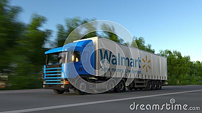 Freight semi truck with Walmart logo driving along forest road. Editorial 3D rendering Editorial Stock Photo