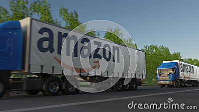 Freight semi trucks with Amazon.com logo driving along forest road. Editorial 3D rendering Editorial Stock Photo