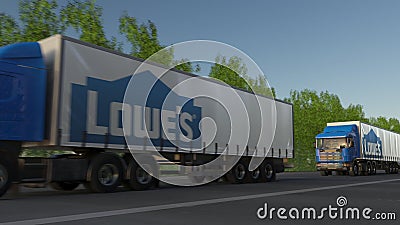 Freight semi trucks with Lowe`s logo driving along forest road. Editorial 3D rendering Editorial Stock Photo