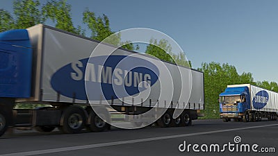 Freight semi trucks with Samsung logo driving along forest road. Editorial 3D rendering Editorial Stock Photo