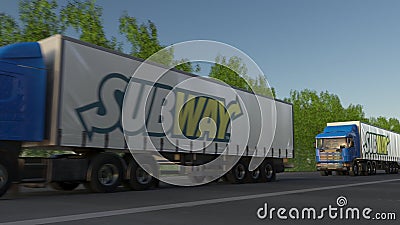 Freight semi trucks with Subway logo driving along forest road. Editorial 3D rendering Editorial Stock Photo