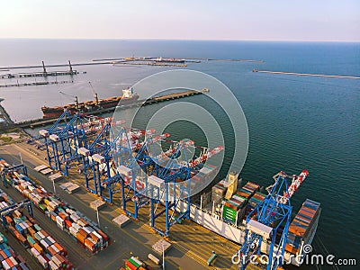 Freight ship in DCT Terminal Port Gdansk Stock Photo